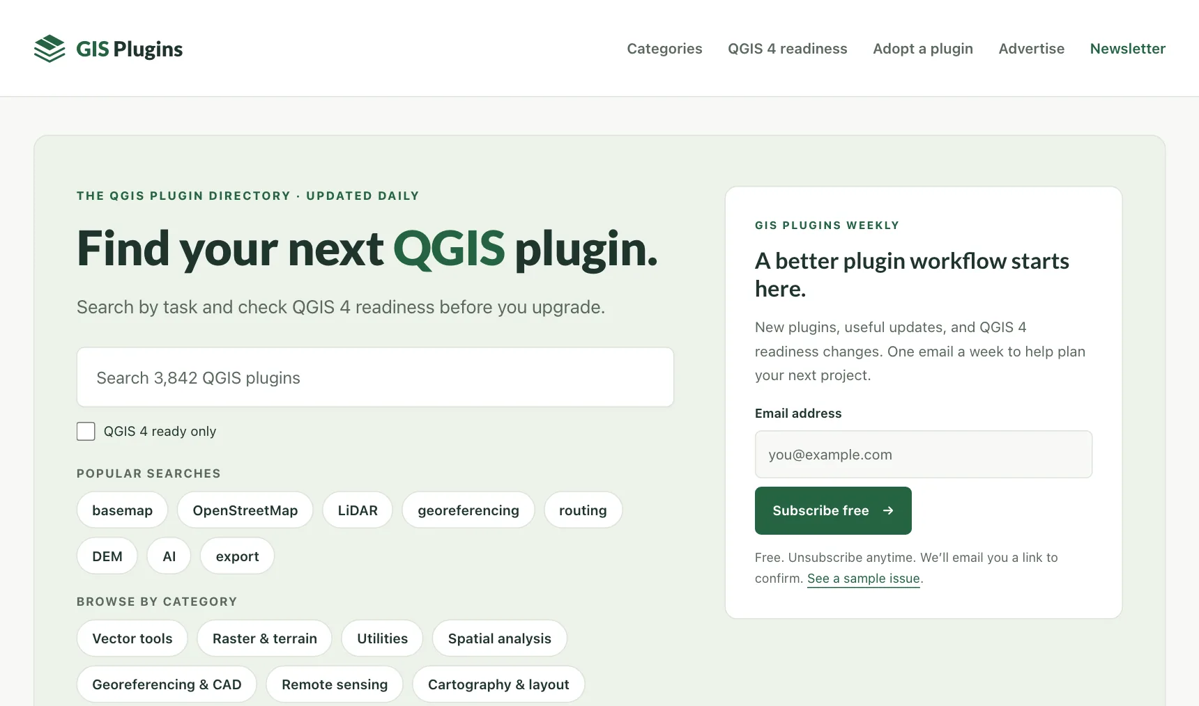 GIS Plugins homepage with a QGIS plugin search box, popular searches, categories, and a GIS Plugins Weekly signup form.