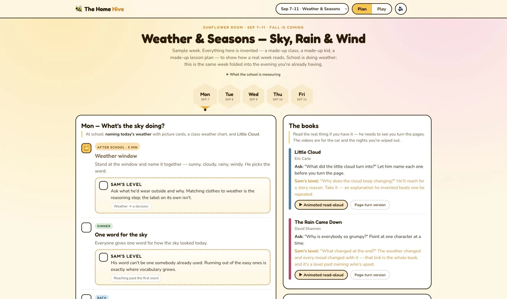 The Home Hive public demo with an invented weather lesson and evening activities.