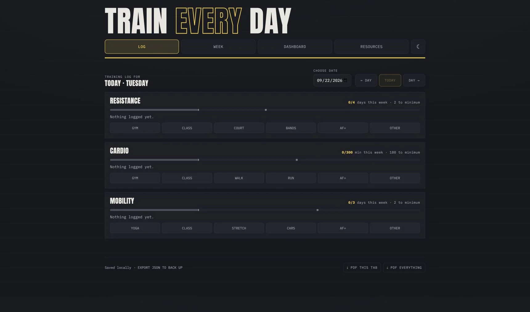 Train Every Day demo showing resistance, cardio, and mobility logging.